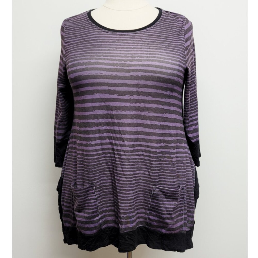 Thomas & Olivia Black Purple 3/4 Sleeve Tunic Front Pockets Knit Top XL